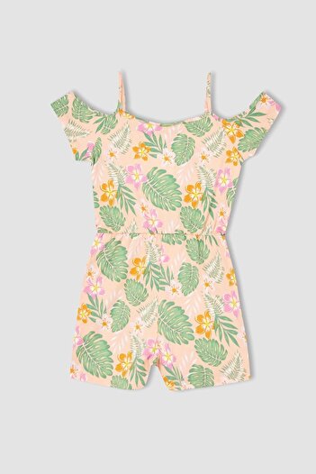 DeFacto Girl's Regular Fit Patterned Strappy Cotton Combed Summer Short Jumpsuit