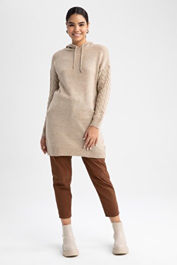 DeFacto Regular Fit Hooded Long Sleeve Knitted Patterned Knitwear Tunic