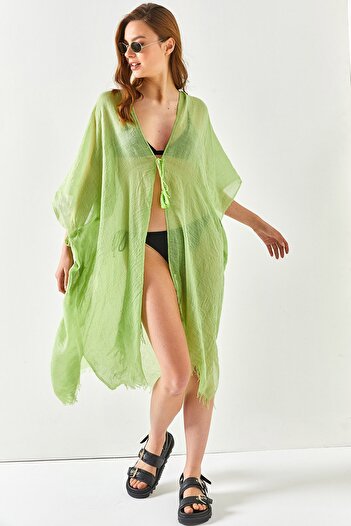 Olalook Women's Oil Green Slit Laced Pareo Kimono KMN-00000063