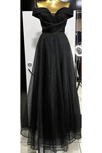 N.Y.YILDIZ STAR LOW SHOULDER GLAZED DETAIL TULE LONG GOWN DRESS