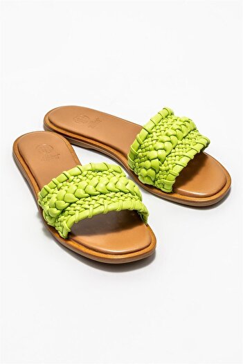 Elle Shoes Green Leather Women's Flat Slippers