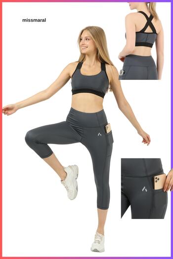 missmaral Women's Capri Tights Set Anthracite High Waist Recovery Double Pocket Bottom and Pad Supported Bustier 3054