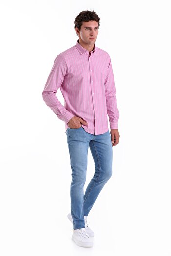 Hatemoğlu Ροζ Slim Fit ριγέ βαμβακερό γιακά με μακρυμάνικο πουκάμισο