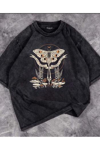 Touz Küt Küt Butterfly & Mushrooms Yıkmalı Unisex Eskitme T-shirt