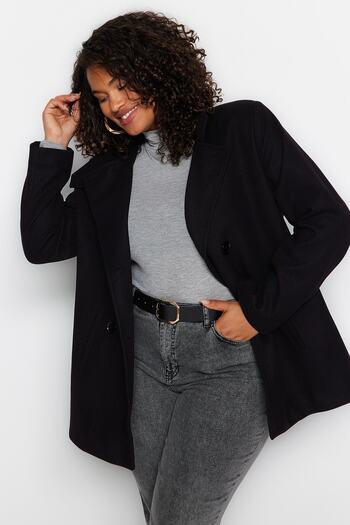 Trendyol Curve Black Wool Blended Regular Fit Coat - Double Closure, Stand Collar TBBAW24DD00010