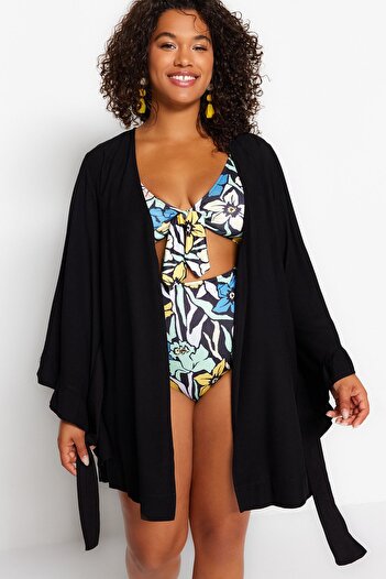 Trendyol Curve Plus Size Ruffles Black Viscose Beachwear - Flounce Kimono & Kaftan Tbbss23De00001