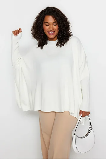 Trendyol Curve Ecru Relax Fit Knitwear Sweater - Stand Collar and Slit Detail Tbbaw24An00032