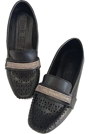 İpek Women's Black Soft Comfortable Sole Stone Mother Shoes Ballerina Loafers