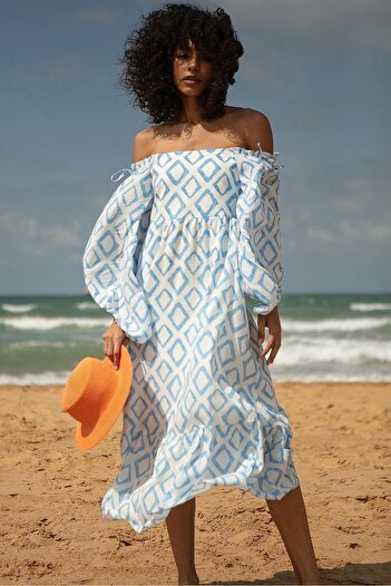 Ortaya Çık Blue Patterned Wide Fit Madonna Collar Dress