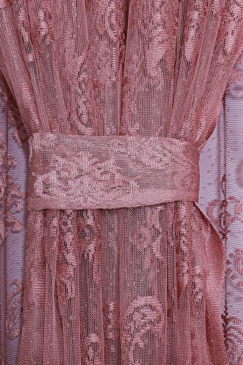 Ta-Ha Perde ve Halı Damaks Ottoman Pattern Pink-Dried Rose Knitted Inner Tulle and Background Complete Set Sparse Pleat Tulle Curtain
