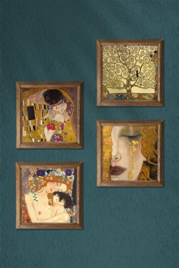 Pinecone Gustav Klimt Altın Gözyaşları, Anne Çocuk, Öpücük, Hayat Ağacı Taş Tablo Çerçeveli Duvar Dekoru