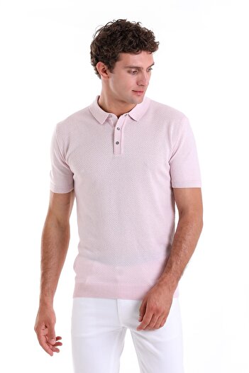 Hatemoğlu Pink Regular Fit Jacquard Cotton Polo Collar Knitwear T-Shirt