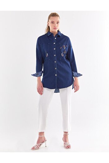 Kayra Dark Navy Garnished Denim Jacket