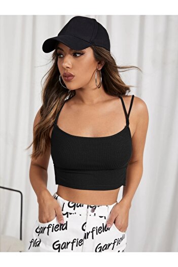 Fancy&Dancy Kadın Siyah Kaşkorse Kumaş Crop