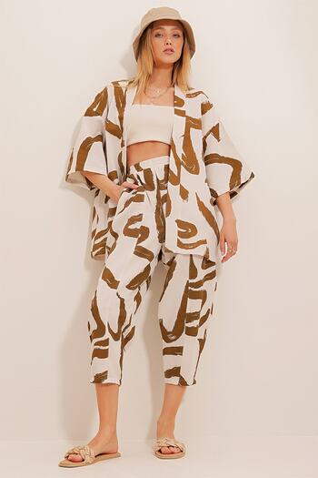 Trend Alaçatı Stili Women's Tobacco Patterned Baggy Trousers and Kimono Set ALC-X10581