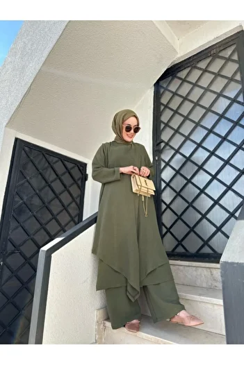 NS Moda Women's Asymmetrical Tunic Trousers Set Khaki Model-495