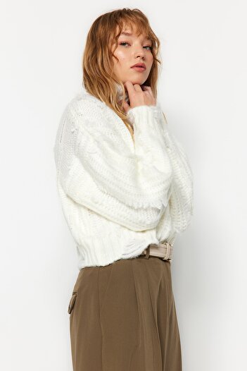 Trendyol Collection Ecru Crop Soft Textured Turtleneck Sweater TWOAW24KZ00215