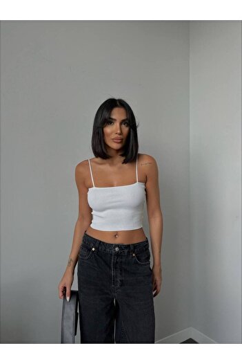 Grenj Fashion White Strappy Crop Knitwear Αθλητής