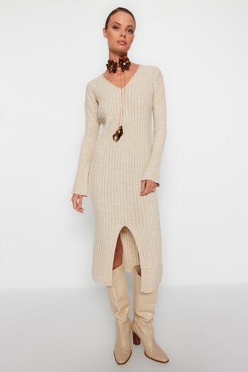 Trendyol Collection Stone Midi Knitwear V-Neck Dress TWOAW24EL00066