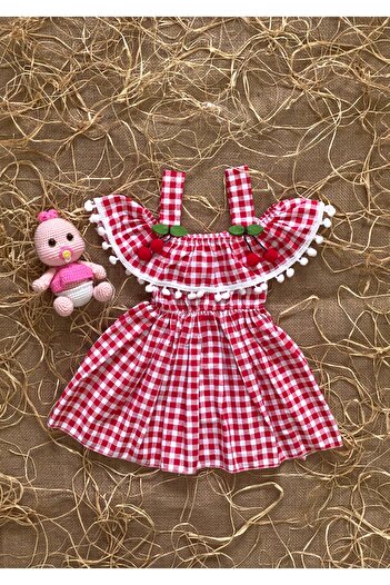 FK HERA STORE Baby Girl Checkered Cherry Detailed Luxury Dress with Sleeve Top Detail