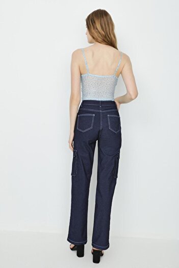 Select Moda Kadın Mavi Kontrast Dikişli Kargo Cepli Yüksek Bel Wide Leg Kot Pantolon