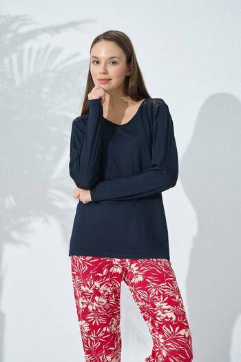 Siyah İnci Navy Blue Patterned Lace Detailed Viscose Pajama Set