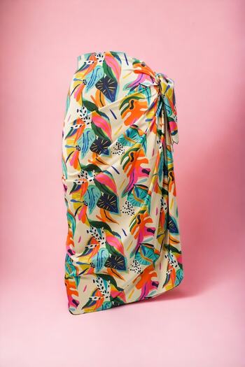 pistore Cream Floral Flower Patterned Long Pareo Satin Women's Beach Dress New Season