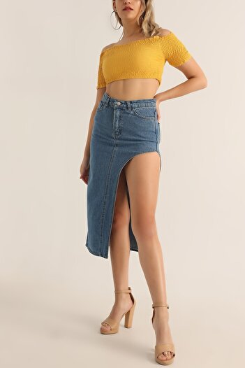 MAKRAS EXCLUSIVE New Season Women's High Blue Snow Wash Side Slit Denim Skirt