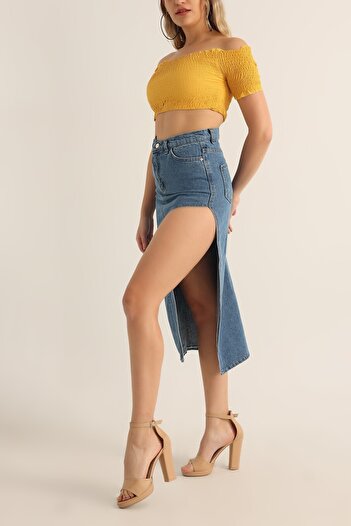MAKRAS EXCLUSIVE New Season Women's High Blue Snow Wash Side Slit Denim Skirt