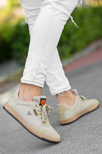 BOUIS Men's Beige Casual Lace-Up Mesh Anti-Sweat Flexible Sneaker Lifestyle Classic Sports Shoes