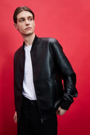 DeFacto Slim Fit College Collar Bomber Faux Leather Coat