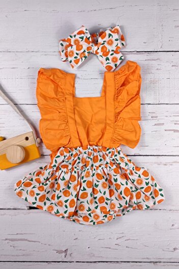 ADABEBEK Girl's Frilly Lemon Patterned Bandana Salopette Set