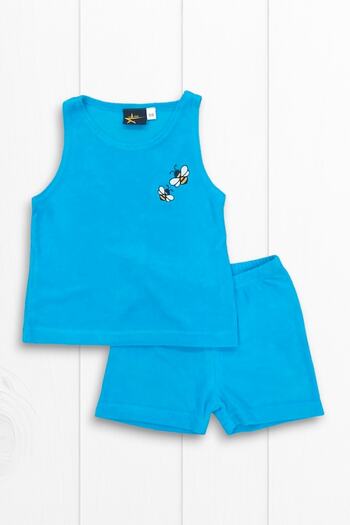 MY STAR HOME Turquoise Towel Fabric Two Piece Bee Embroidered Children's Beach Home Pool Set Shorts and Strappy Top Set