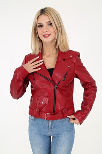 DERİNSS Dka9020 Genuine Leather Women's Red Coat