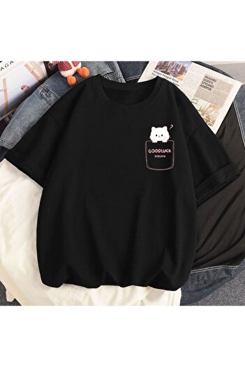 trendgar μαύρο μπλουζάκι με στάμπα καλής τύχης Oversize