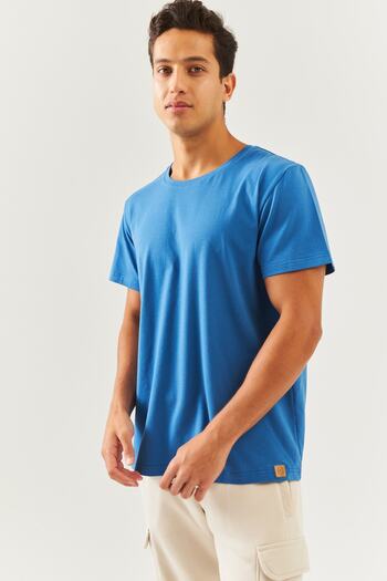 Butikgiz Μπλε Oversize Άνετο 100% βαμβακερό χτενισμένο λαιμόκοψη με κοντό μανίκι Basic T-Shirt Classic Collection