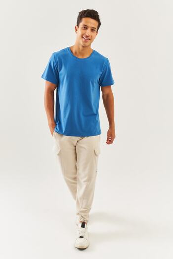 Butikgiz Μπλε Oversize Άνετο 100% βαμβακερό χτενισμένο λαιμόκοψη με κοντό μανίκι Basic T-Shirt Classic Collection
