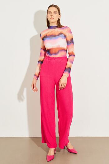 Bipantolon Women's Fuchsia Elastic Waist Double Pocket Wide Leg Wrinkled Trousers
