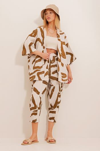 Trend Alaçatı Stili Women's Tobacco Patterned Baggy Trousers and Kimono Set ALC-X10581