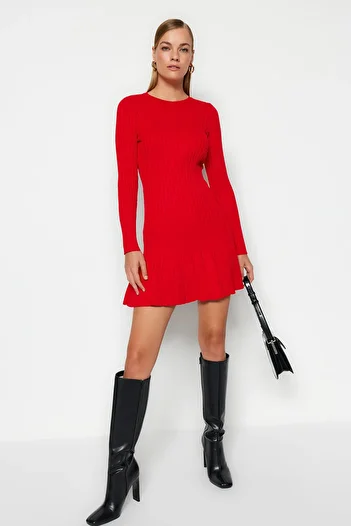 Trendyol Collection Piros mini redőzött kötött ruha TWOAW24EL00013