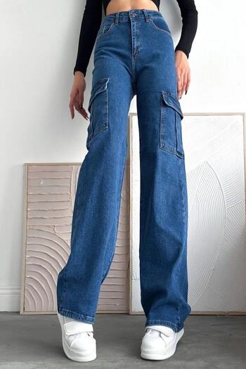LİMABEL High Waist Blue Cargo Pocket Jeans Trend Cargo Pocket Trousers