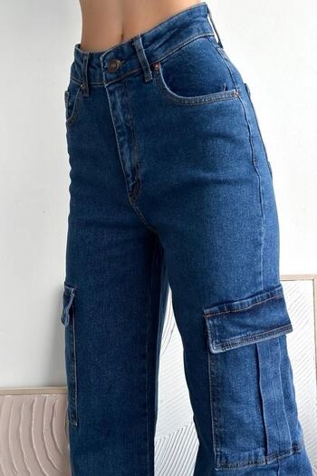 LİMABEL High Waist Blue Cargo Pocket Jeans Trend Cargo Pocket Trousers