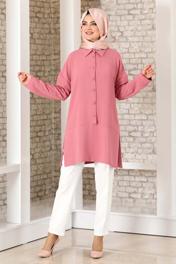 Fashion Showcase Button Detail Casual Tunic Dried Rose