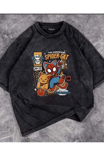 Touz Унісекс Oversize Spider-Cat з принтом, сорочка з ефектом старіння