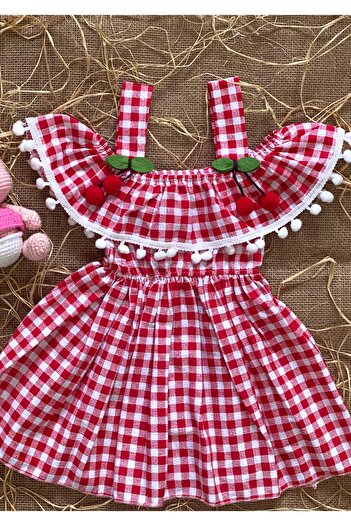 FK HERA STORE Baby Girl Checkered Cherry Detailed Luxury Dress with Sleeve Top Detail