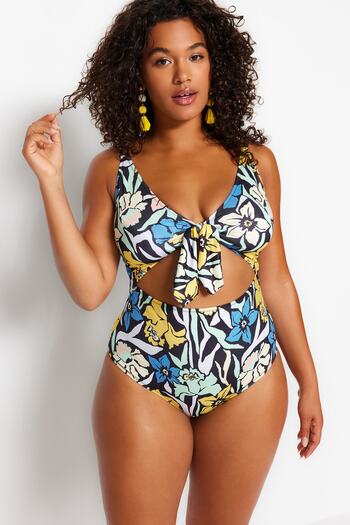 Trendyol Curve Plus-Size-Badeanzug mit mehrfarbigem Blumendruck und V-Ausschnitt – Bindedetail TBBSS23AM00008