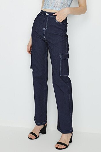 Select Moda Kadın Mavi Kontrast Dikişli Kargo Cepli Yüksek Bel Wide Leg Kot Pantolon