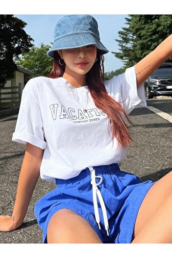 AFROGİYİM Women's Vacation Printed Oversize Combed Cotton T-shirt