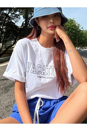 AFROGİYİM Women's Vacation Printed Oversize Combed Cotton T-shirt