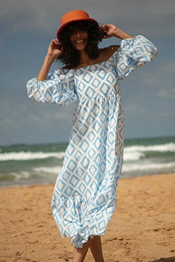 Ortaya Çık Blue Patterned Wide Fit Madonna Collar Dress